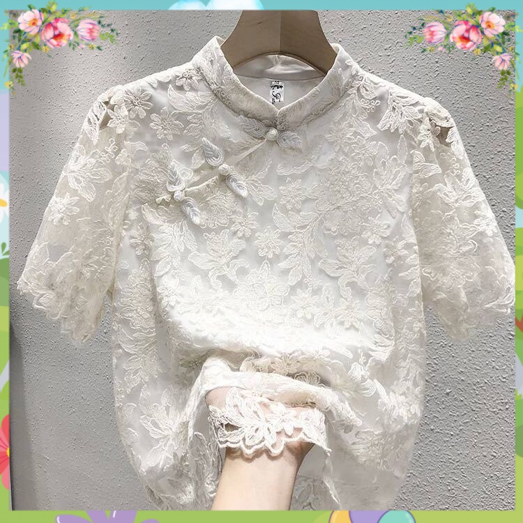 Áo Sơ Mi Chiffon Tay Ngắn Phối Ren Phong Cách Dân Tộc Trung Hoa Thời Trang Mùa Hè 2023 Mới Cho Nữ