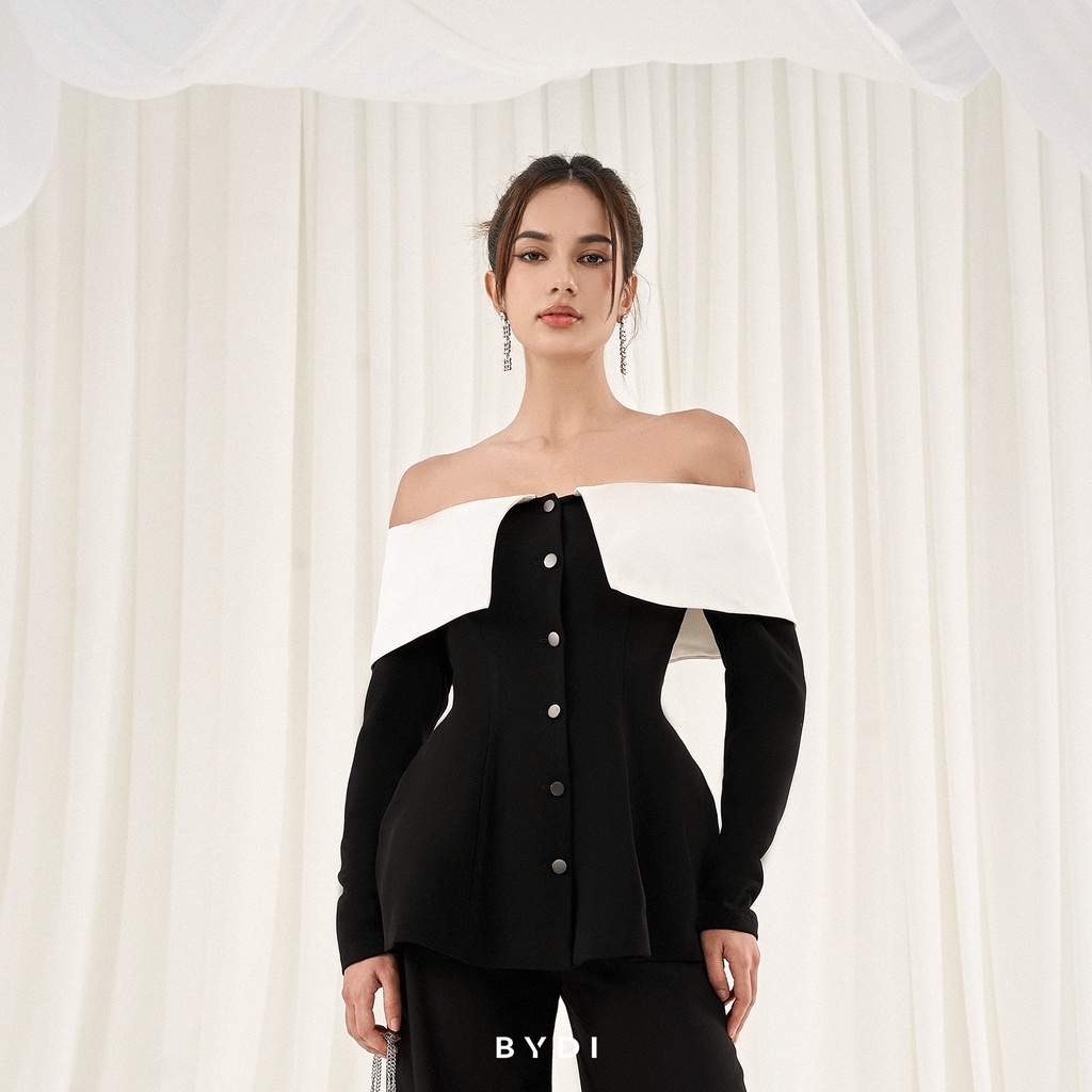 Áo Trễ Vai Nữ Cúc Cài Dài Tay BYDI Design, Áo Nữ Thiết Kế Dáng Peplum Phối Tà Ngực Trắng BASIC Fashion | JADE TOP MT021
