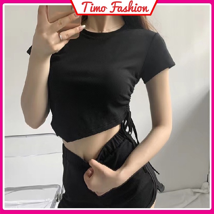 Áo croptop nữ tay ngắn vạt nhọn cổ tròn phối dây rút hông , Áo kiểu croptop cổ tròn tay ngắn TATN001 | BigBuy360 - bigbuy360.vn