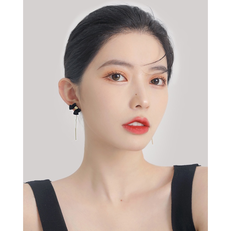 Bông Tai Mạ Bạc 925 Dáng Dài Đính Nơ Tua Rua Màu Đen Phong Cách Hàn Quốc Thời Trang 2023 Cho Nữ