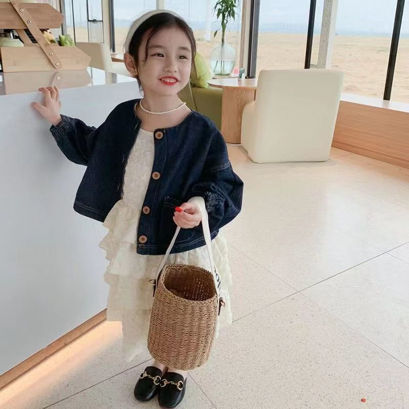 Bộ Áo Khoác Denim + Đầm Hai Dây Thời Trang Mùa Xuân 2023 Mới Cho Bé Gái