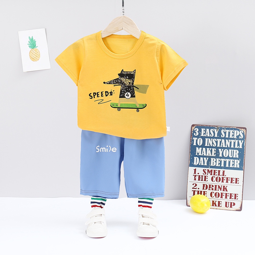 Bộ Áo Thun Cotton Tay Ngắn Và Quần Ngắn Phong Cách Hàn Quốc Dành Cho Bé Trai 66-120cm