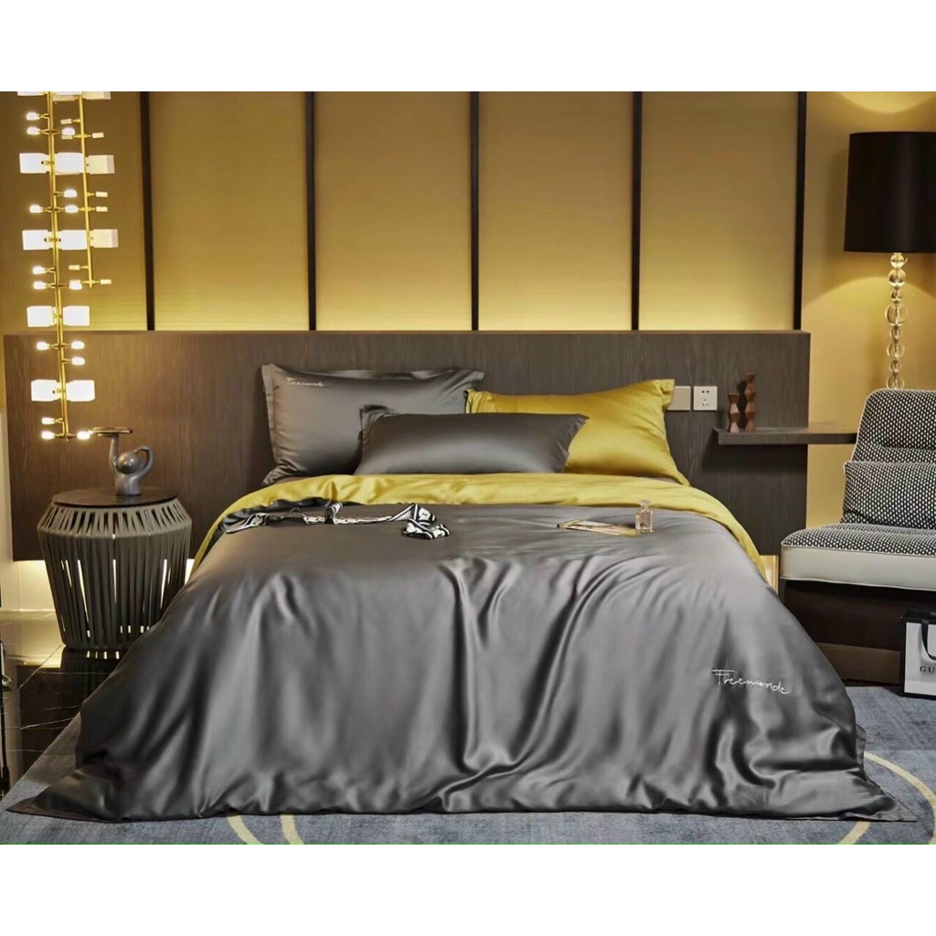 Bộ chăn ga gối Lụa Tencel 80S Freemonde cao cấp MD.Decor - Bedding, full hộp nhập khẩu nhiều màu trơn phối sang trọng