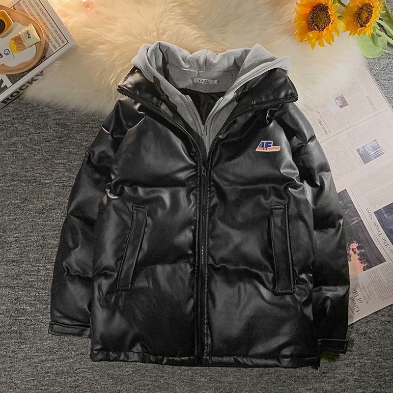 (Sẵn)Áo Phao Da Phối Mũ Nỉ Form Unisex Tay Bo Thời Trang Nam Nữ