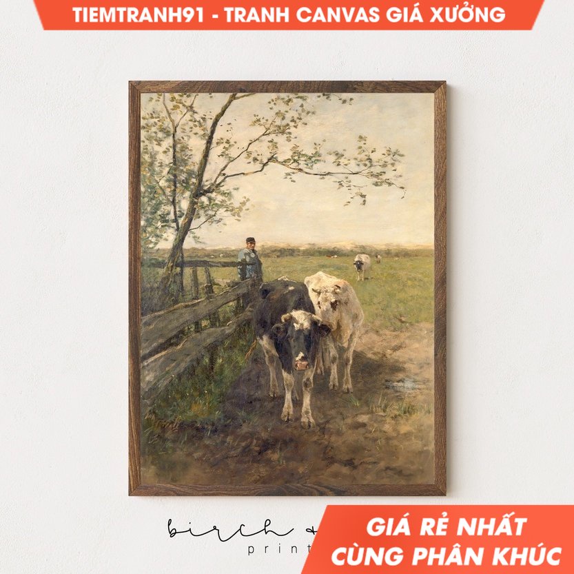 Tranh treo tường Vintage Cow Painting Rustic Farm #5, tặng kèm đinh treo tranh, nhận in theo yêu cầu.