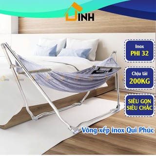 Võng xếp inox cao cấp Deli Lani Qui Phúc chịu tải 200Kg, giá võng inox có lưới tặng kèm gối nằm