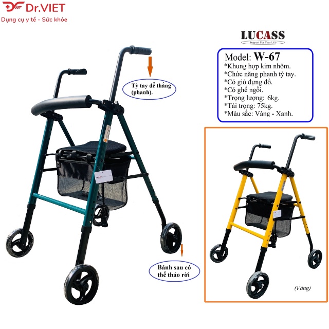 Khung tập đi có ghế ngồi LUCASS W-67 Chính hãng- Hỗ trợ người già, đi lại khó khăn, gọn nhẹ