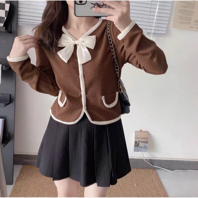 Áo kiểu nữ tay dài kèm nơ hàng Quảng Châu xốp tăm, áo khoác mùa đông nữ thời trang Hàn Quốc giả túi dài tay 89701 5