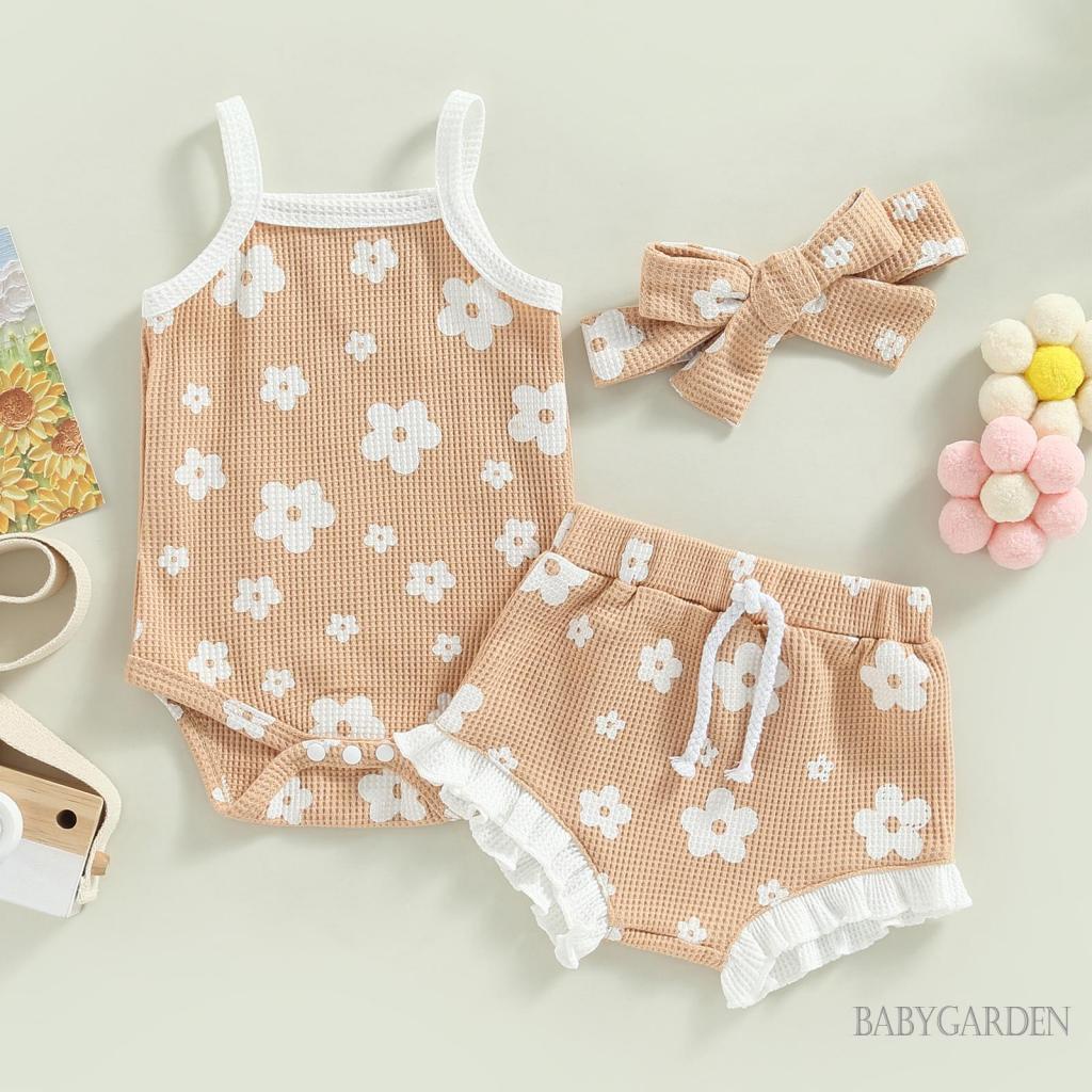 Bộ Áo Liền Quần Hai Dây In Hoa + Quần Ngắn Nhún Bèo + Băng Đô Cài Tóc Xinh Xắn Cho Bé Gái