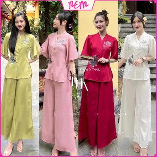 Set phật tử - Bộ phật tử lụa thêu mix quần suông diện đi chùa du xuân cực đẹp NEM Store102