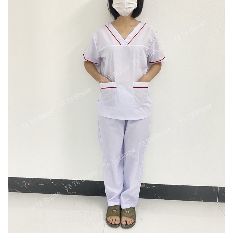 Bộ blu cổ tim có viền nam nữ cộc tay, bộ scrubs kỹ thuật viên cho điều dưỡng, dược sỹ, y tá, bác sĩ (có 3 màu lựa chọn)