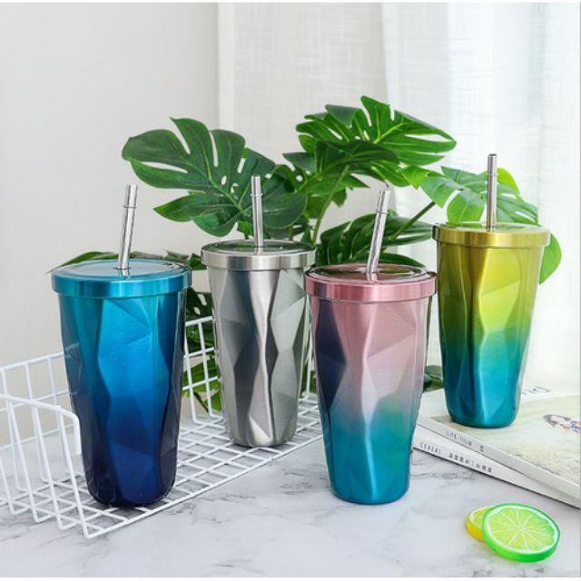 (SG) LY GIỮ NHIỆT NÓNG LẠNH CÓ NẮP ĐẬY DUNG TÍCH 500ML - CỐC GIỮ NHIỆT 3D KIM CƯƠNG 2 LỚP INOX KHÔNG GỈ KÈM ỐNG HÚT