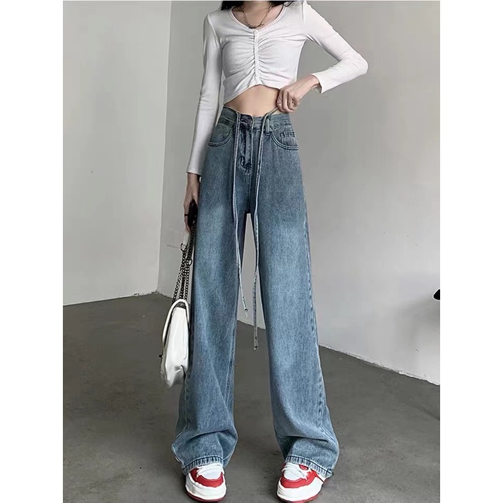 QADCOL Quần jeans Nữ Dài Lưng Cao Ống Rộng Thời Trang Mới
