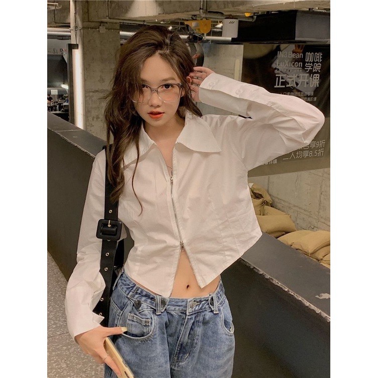 COZOK Áo Sơ Mi Dài Tay Màu Trơn Phối Khóa Kéo Thời Trang