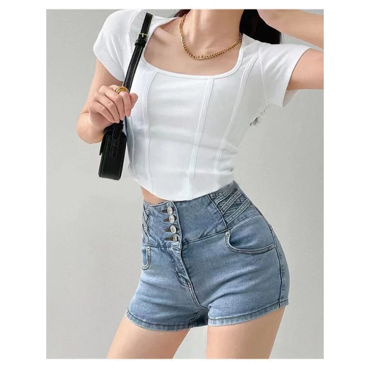 Áo Thun Crop Top Cổ Vuông Tay Ngắn Màu Trơn Thời Trang Mùa Hè Xinh Xắn Cho Nữ Y2k