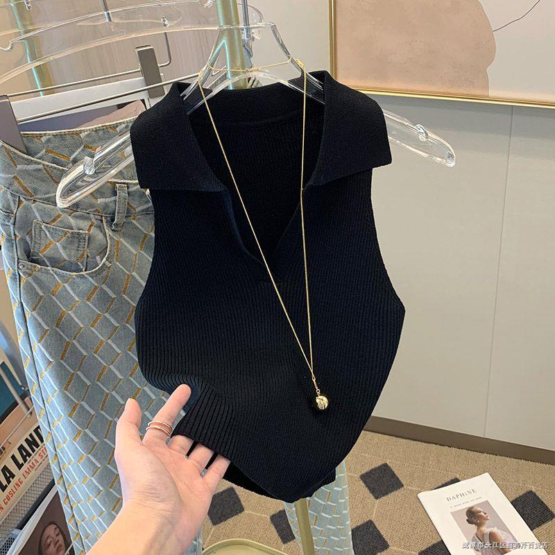 Áo sweater Lụa Lạnh Mỏng Không Tay Cổ Polo Thời Trang Mùa Hè Cho Nữ