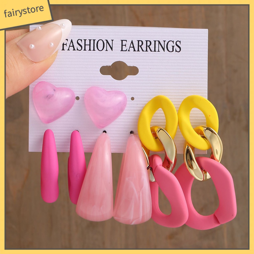 Set 1 / 4 / 6 Đôi Khuyên Tai Hình Học Trái Tim Màu Sắc Ngọt Ngào Bằng Acrylic