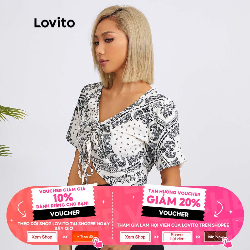 Áo kiểu Lovito họa tiết paisley dây rút thắt dây đơn giản L18X066 (màu trắng)
