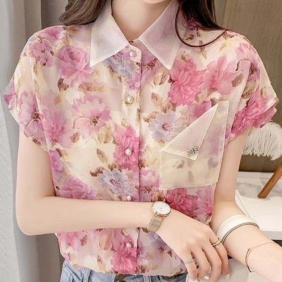 Áo Sơ Mi Chiffon Tay Ngắn In Hoa Mẫu Mới 2023 Phong Cách Phương Tây Cho Nữ