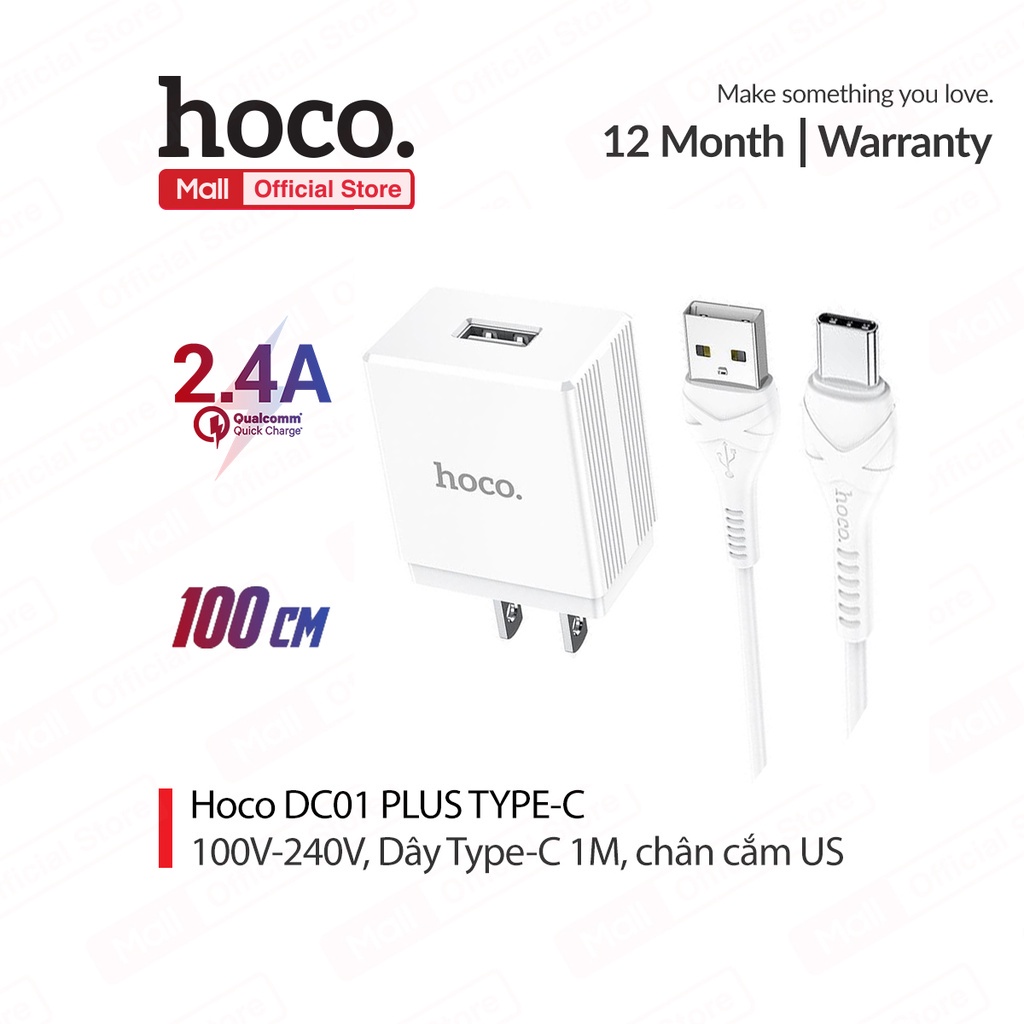 [Mã ELBAU5 giảm 5% đơn 300K] Bộ sạc 2.4A Hoco DC01 Plus chân dẹt có 1 cổng USB kèm dây sạc dài 1M cho Smartphone