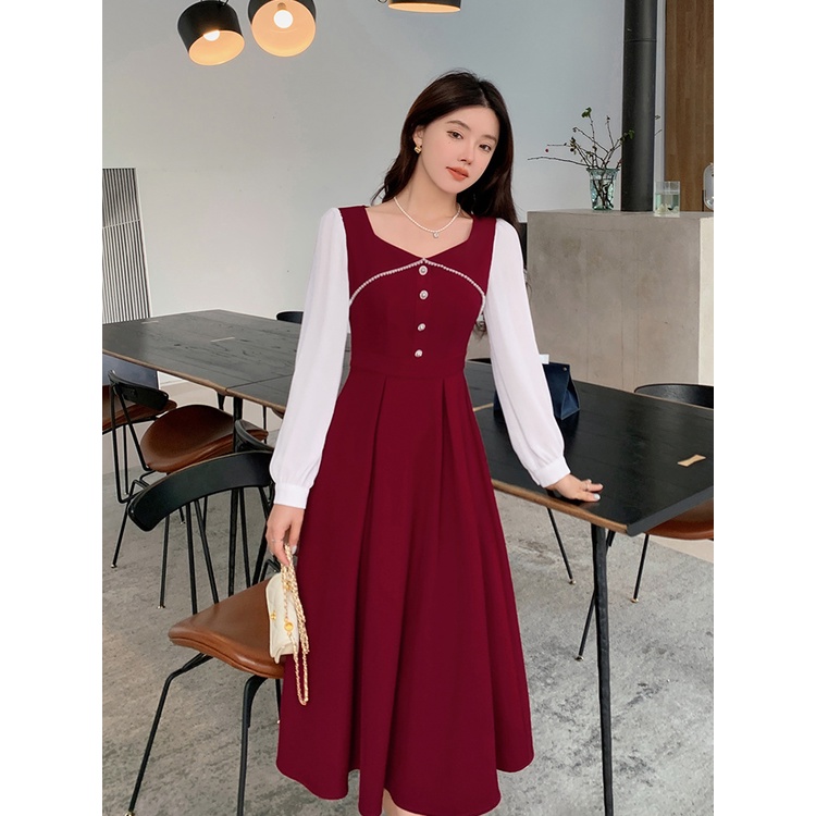 Váy 2 màu Đen Đỏ kiểu thời trang công sở, đi tiệc, đi chơi dáng xòe cổ bẻ cách điệu Deloga_official