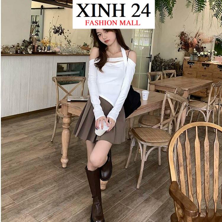 Áo croptop nữ kiểu ôm body khoét ngực Xinh_24 - Áo kiểu nữ tay dài trễ vai vạt chéo chất len tăm -ADT1-