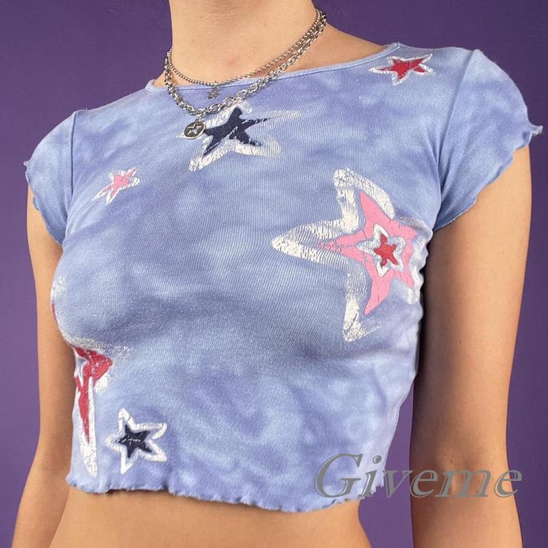 Áo Thun Crop Top Tay Ngắn In Họa Tiết Ngôi Sao / Bông Hoa Thời Trang Mùa Hè Cho Nữ