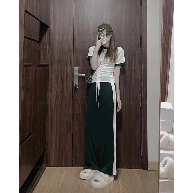 SET ÁO TRẮNG ÔM KÈM CHÂN VÁY MAXI ĐEN VIỀN MÀU