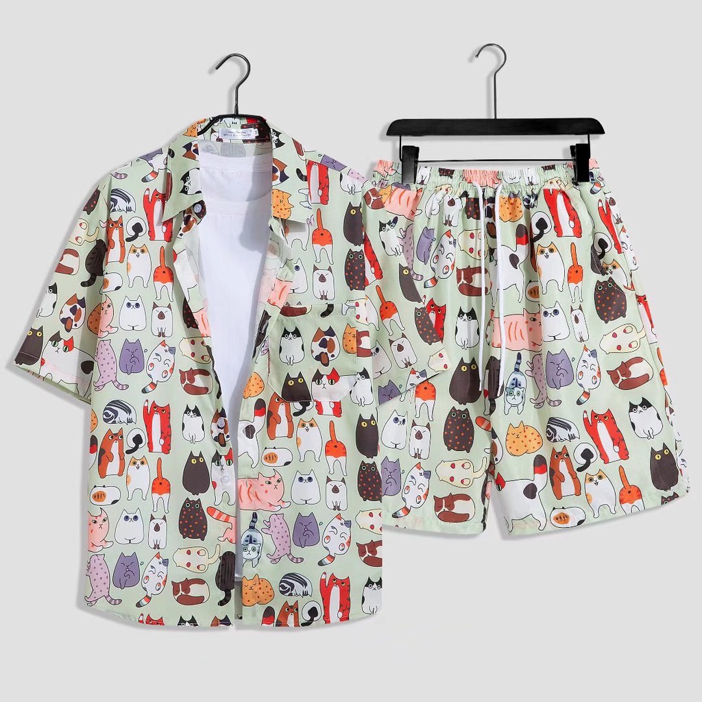 Set Áo Sơ Mi Ngắn Tay + Quần short Phong Cách Hawaii Thời Trang Cho Nam