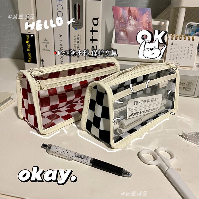 Túi Đựng Bút Chì Kẻ Ô Màu Trắng Đen Dung Tích Lớn Phong Cách Nhật Bản