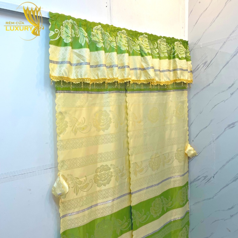 Rèm thổ cẩm Vintage màu Xanh Lá dùng cho trang trí cửa sổ, cửa chính Luxury