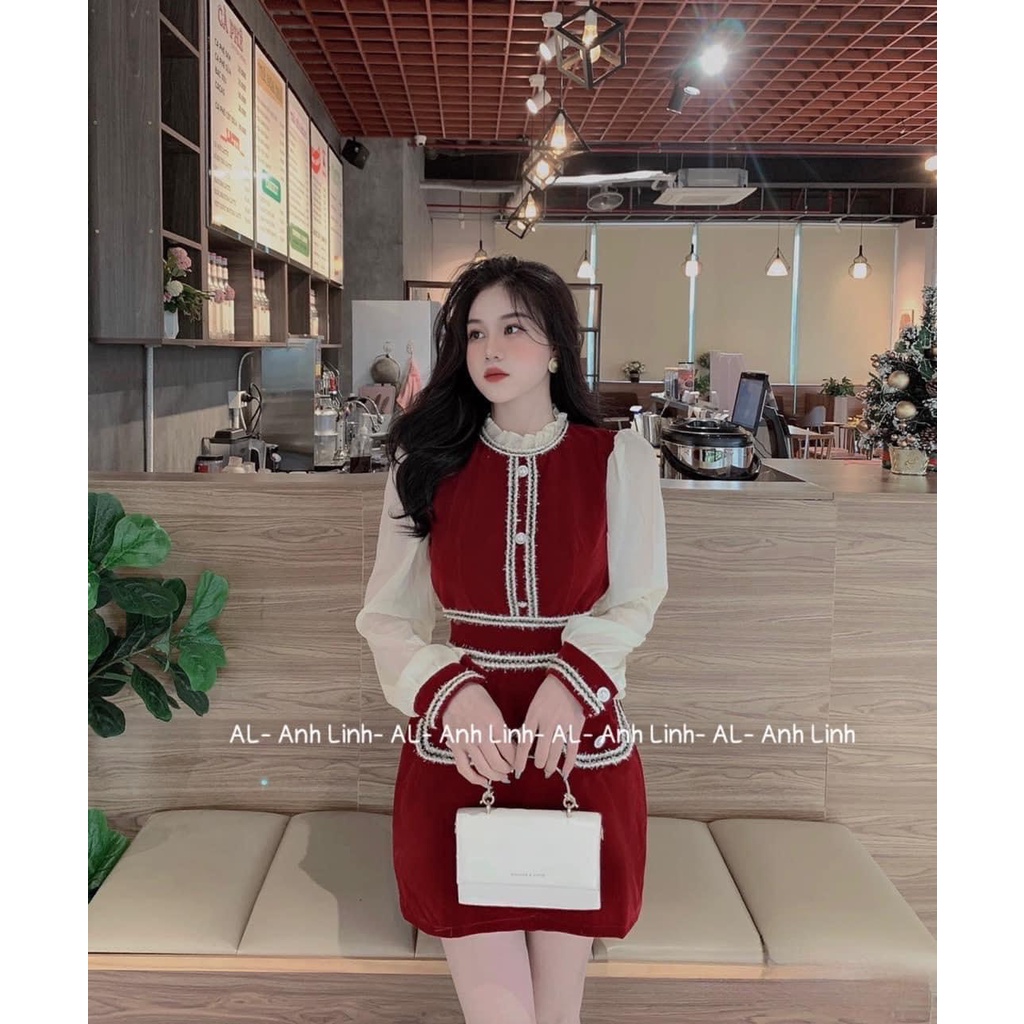 [3.3 Sales Freeship] Đầm thiết kế, đầm nhung chữ A cổ bèo phối viền trắng đính nút tay voan trằng đi tiệc sang trọng mtb