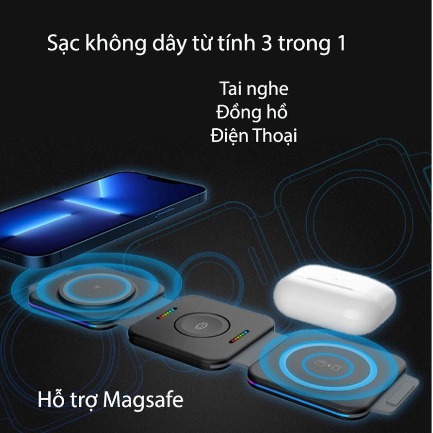 Sạc nhanh 3 in 1 dạng cuộn độc đáo  cùng lúc 3 thiết bị thông minh ( điện thoại – tai nghe – Đồng hồ)