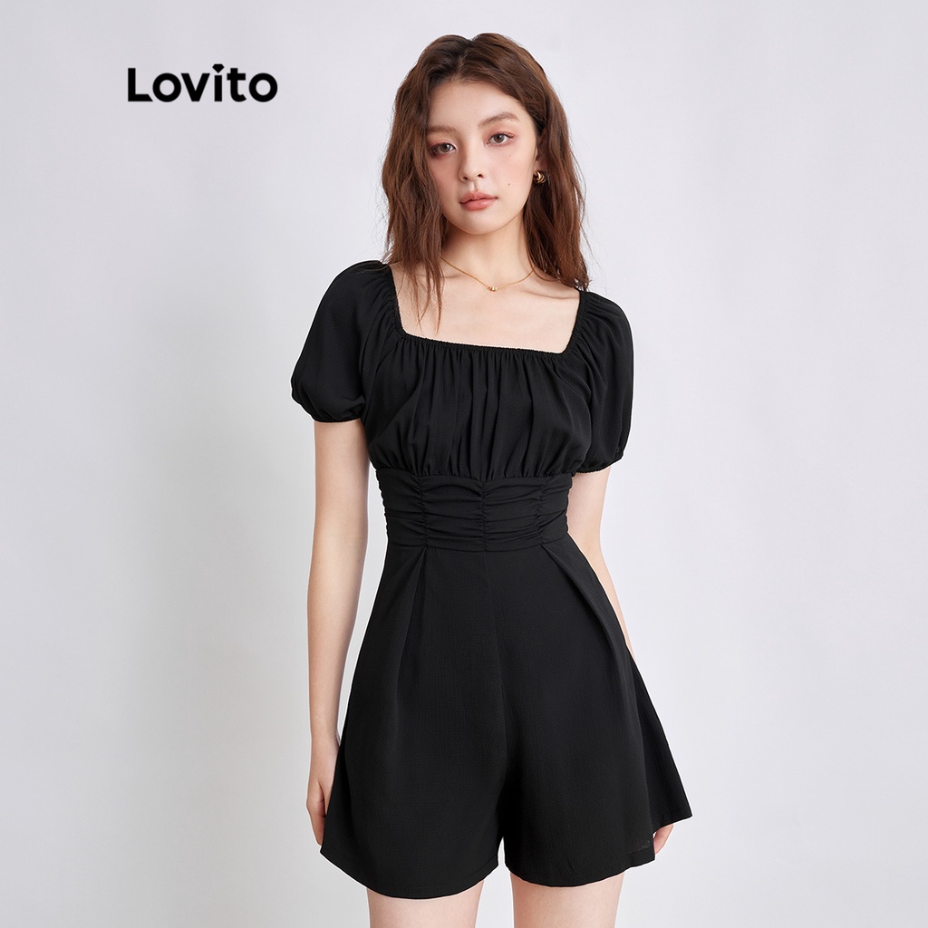 Lovito Bộ áo liền quần nữ có cổ vuông trơn màu trơn L35ED032 (Đen) | BigBuy360 - bigbuy360.vn