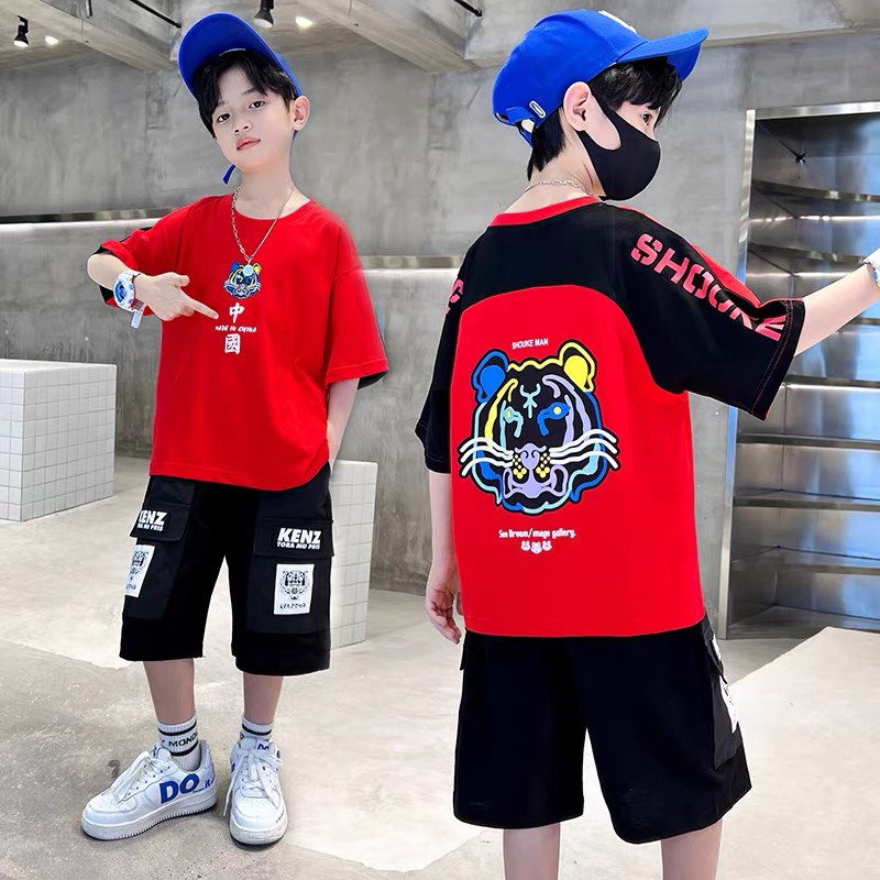 Bộ quần áo thun hè " Hình - Hổ" 14-48kg cho bé trai 4-14 tuổi. Năng động, phong cách. Hàng may kỹ. B56