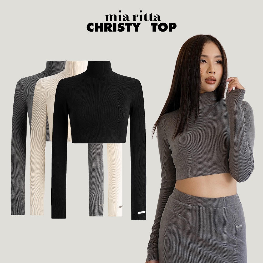 Áo crotop len tăm Christy Top Mia Ritta A2147 áo croptop dài tay cao cổ khoá kéo phía sau