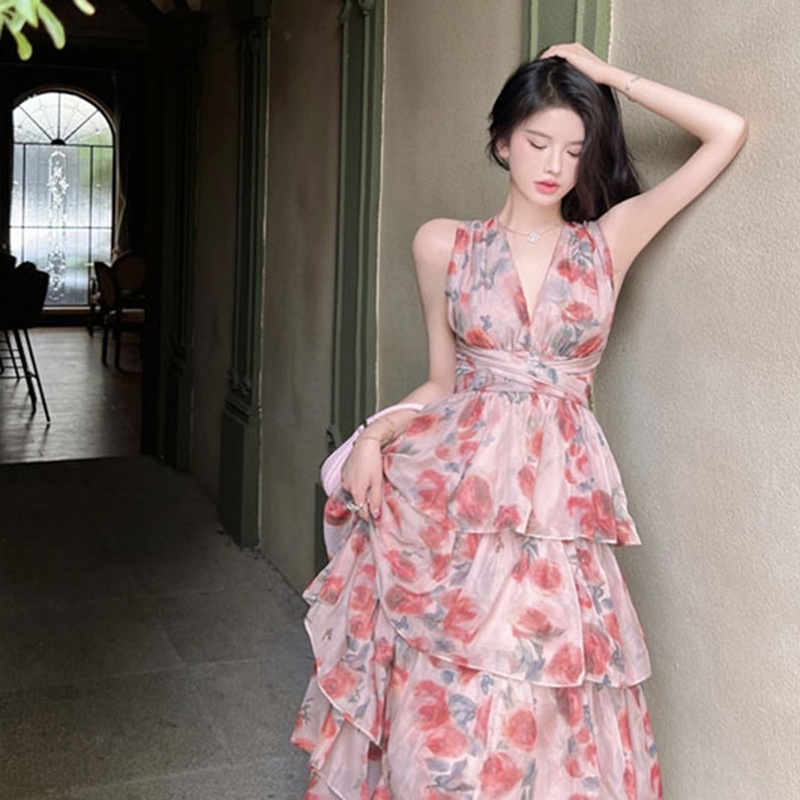 IELGY Đầm Hai Dây Hở Lưng In Họa Tiết Thời Trang Pháp Cho Nữ