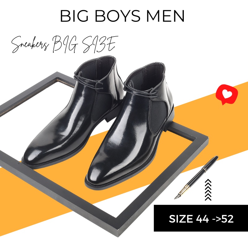 Giày Tây Chese Boot Đen Bóng Da Big Size Có Dây Thanh Lịch - Giày Bốt Da Cổ Cao Chese Boot Size Lớn Ngoại Cỡ 45 46 47 48