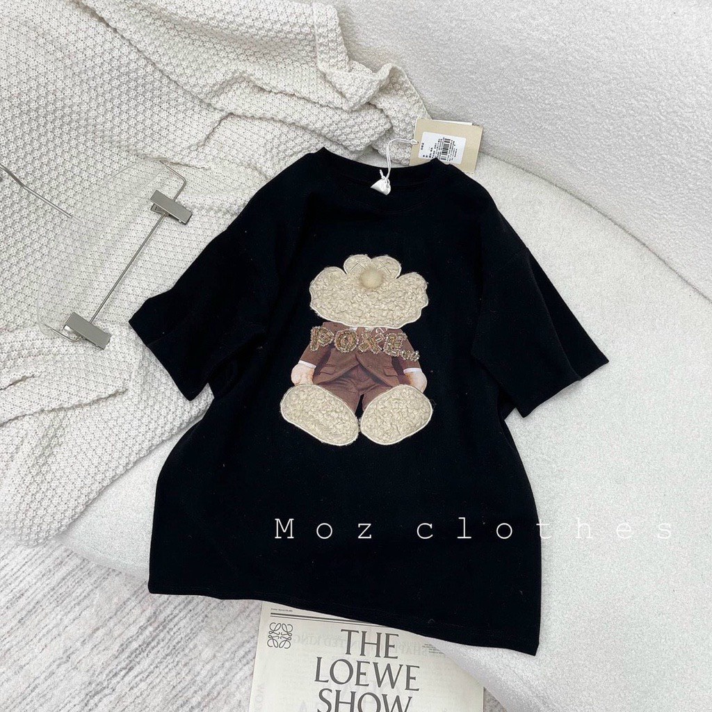 Áo Phông Tay Lỡ Cổ Tròn Thêu Nổi Poxe CHất Cotton Co Dãn 3 Màu Con Gấu