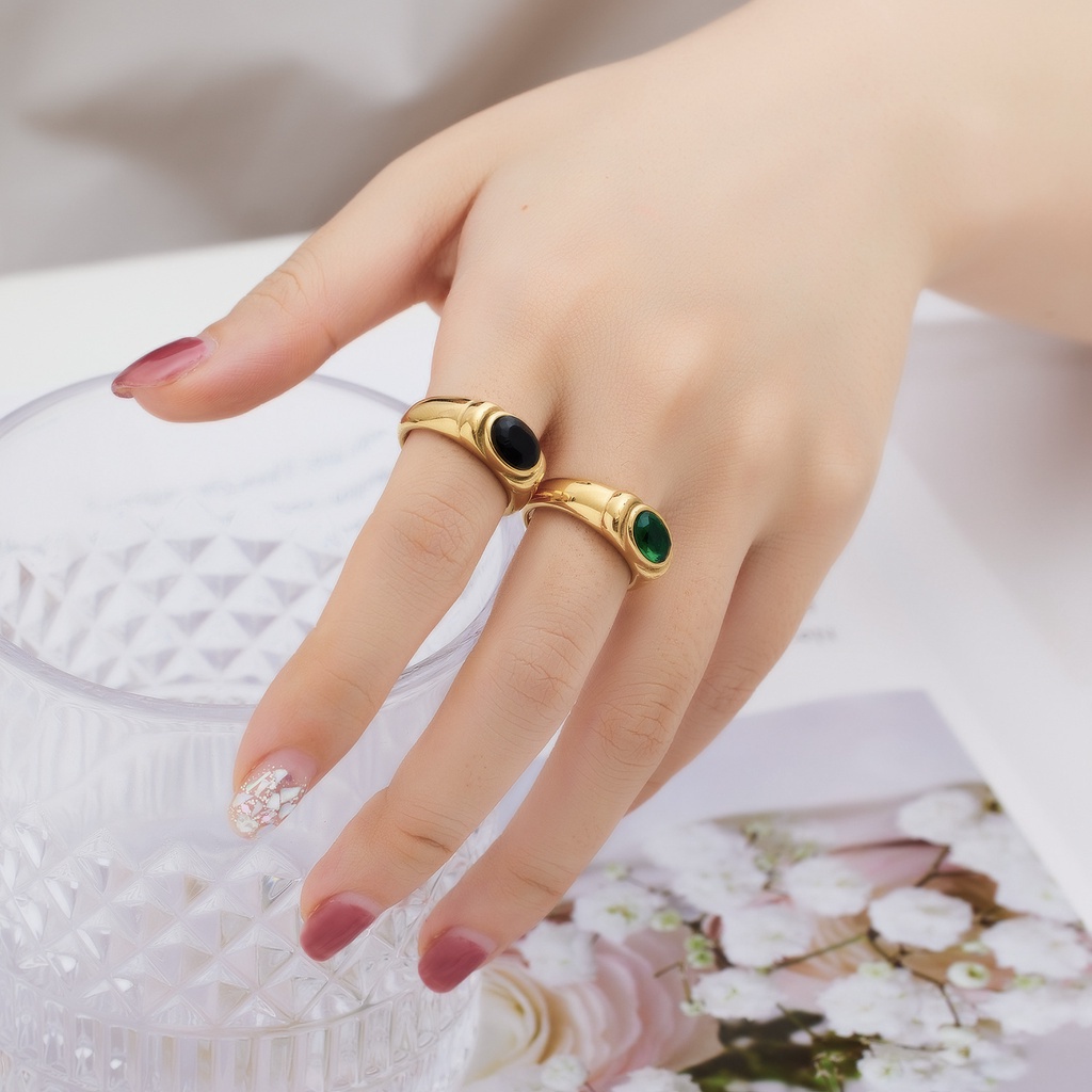 Nhẫn Thép Titan Cao Cấp Đính Đá Zircon Xanh Đen Phong Cách Âu Mỹ Sang Trọng