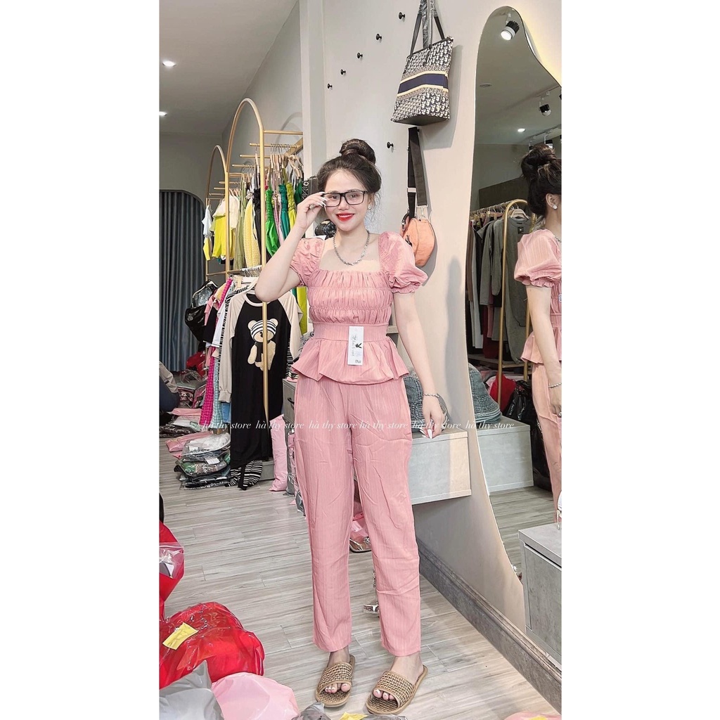 [3.3 Sales Freeship] Set bộ đũi áo cổ vuông nhún ngực tay phồng quần dài ống đứng, set đũi trơn nhiều màu trẻ trung mtb