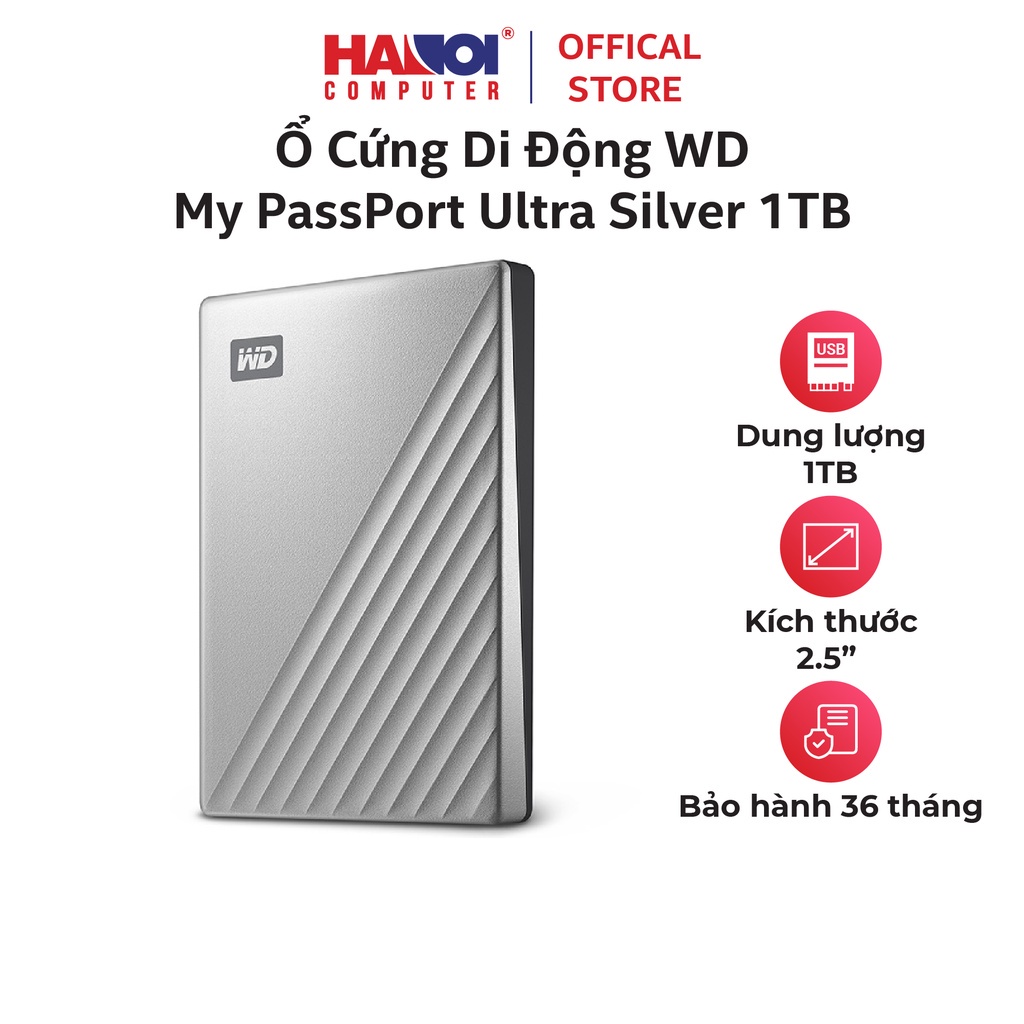 Thiết bị lưu trữ Ổ Cứng Di Động WD My PassPort Ultra Silver 1TB màu bạc 2.5 inch WDBC3C0010BSL-WESN