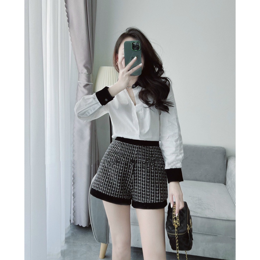 Set Sơ Mi Cổ Đen, Chất Thô Lụa Mềm, Quần Ống A Chất Dạ Nhũ Cao Cấp (Hàng Sẵn)