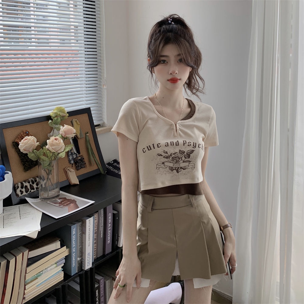 COZOK Áo Thun Ngắn Tay Hở Rốn In Họa Tiết vintage Thời Trang