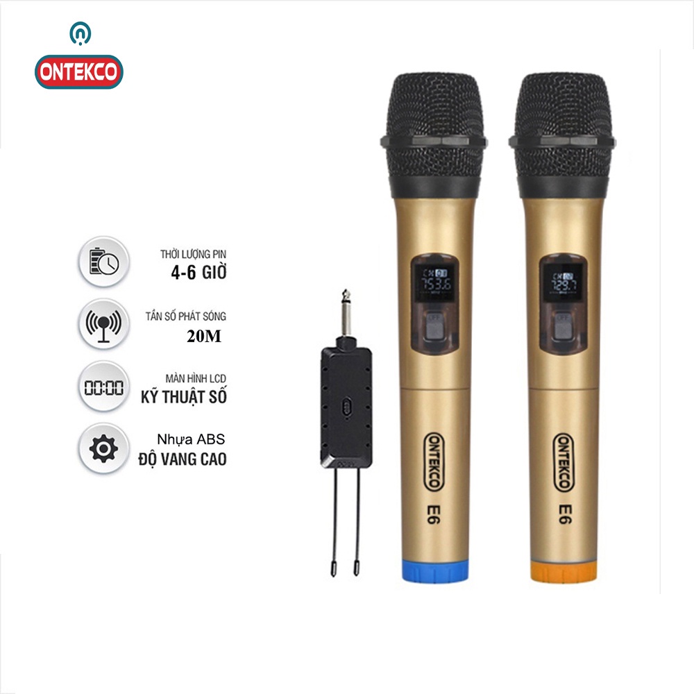 Bộ micro đôi không dây ONTEKCO E6 màu vàng đen hát karaoke dùng cho mọi loa kéo, amply gia đình