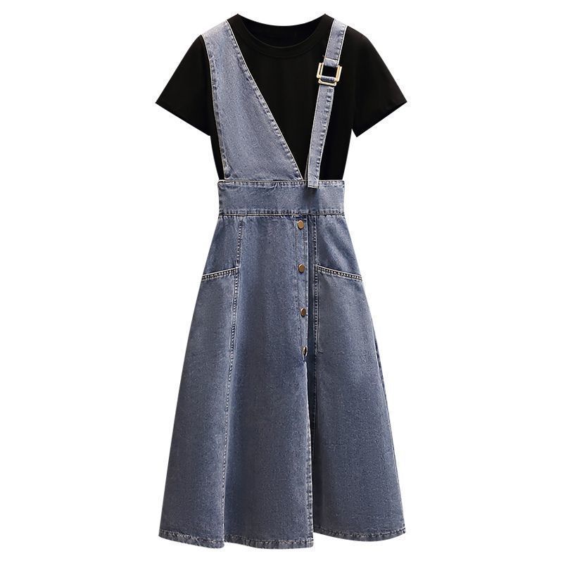 Set Áo Thun Tay Ngắn Màu Trơn Phối Váy Yếm Denim Thời Trang Hè 2022 Plus Size Cho Nữ