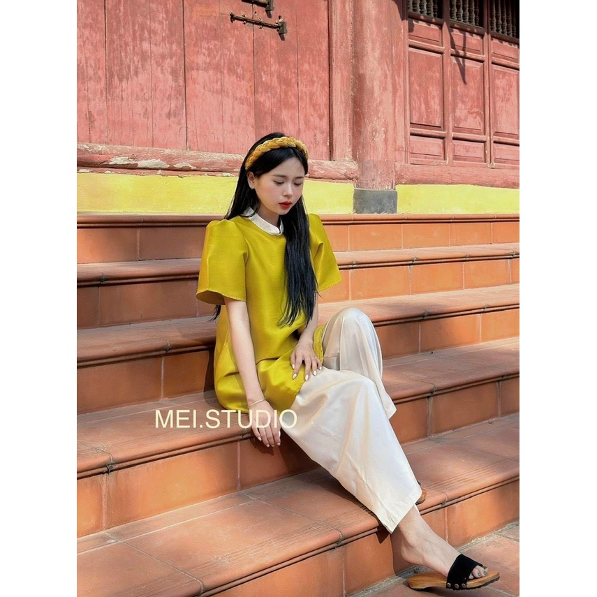 Sét Tiểu Thư Nữ Phong Cách HÀN QUỐC, Áo Nữ Cổ Tròn Tay Phồng Phối Quần Suông Trắng Thiết Kế Phối Màu Siêu Sang