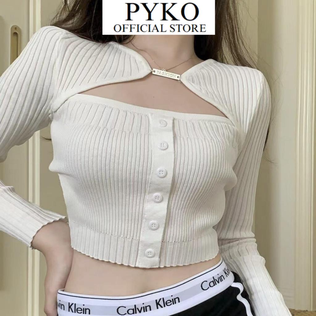 Áo croptop nữ dài tay cổ phối xích khoét ngực Pyko, Áo kiểu nữ tay dài ôm body cực tôn dáng