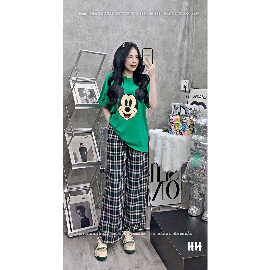 Set bộ áo phông mickey mix quần suông kẻ caro bigsize