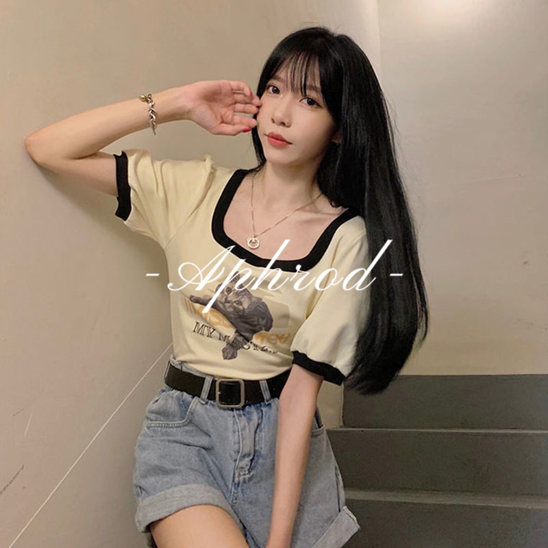 Áo Thun Ngắn Tay Cổ Vuông Màu Sắc Tương Phản Phong Cách vintage Cho Nữ